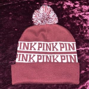 VS Pink burgundy and white beanie